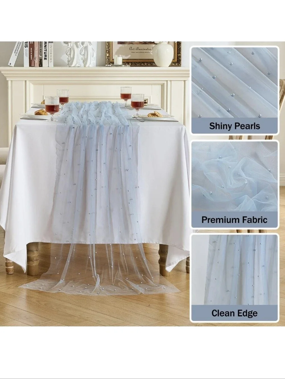 Fanami 3 Pack Pearl Table Runner -10FT Dusty Blue Boho Tulle Table Runners 120in